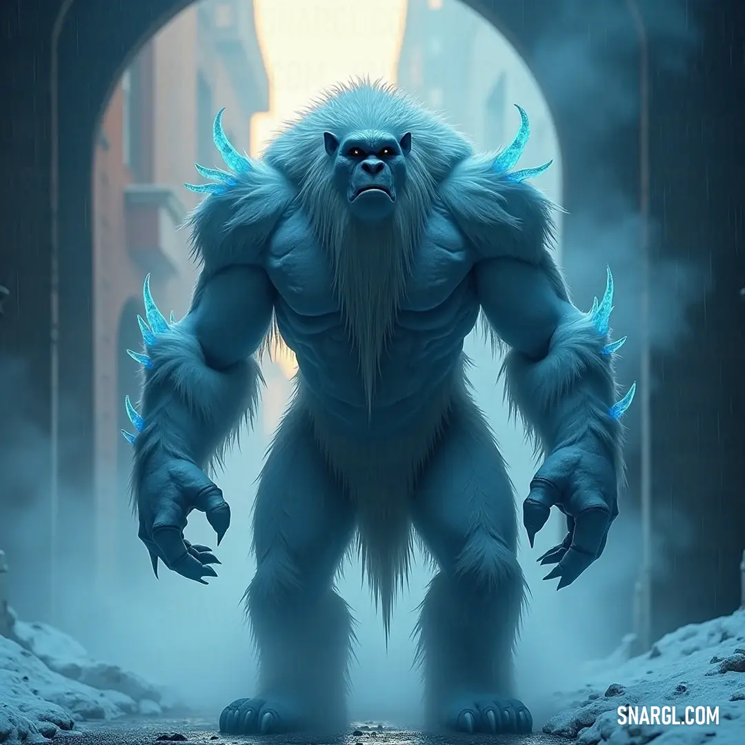 An imposing Ice Sentinel commands attention in a snowy tunnel, illuminated by cool blue lights that dance across its form, enhancing its mystical allure. A colossal Ice Sentinel stands within a snowy tunnel, its fur glinting under soothing blue lights that adorn its face, arms, and legs, creating an awe-inspiring spectacle of winter wonder.