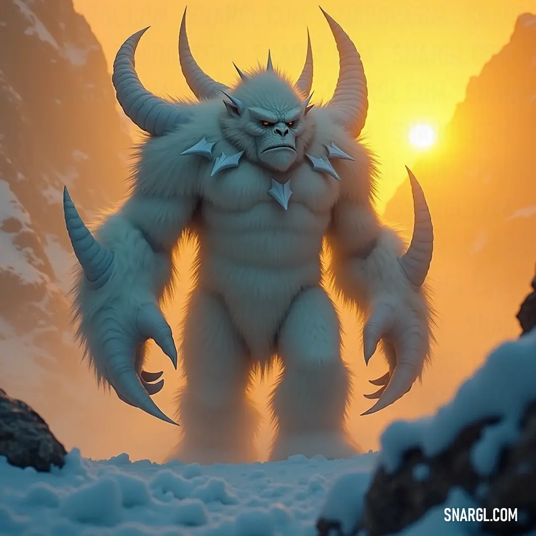 An impressive Ice Sentinel enjoys a tranquil sunset, surrounded by untouched snow, exuding a sense of calm and majesty. A giant Ice Sentinel, cloaked in fluffy fur, stands resolutely in a snowy landscape at sunset, hands tucked into its pockets, creating a picturesque moment with closed eyes reflecting a serene calm.