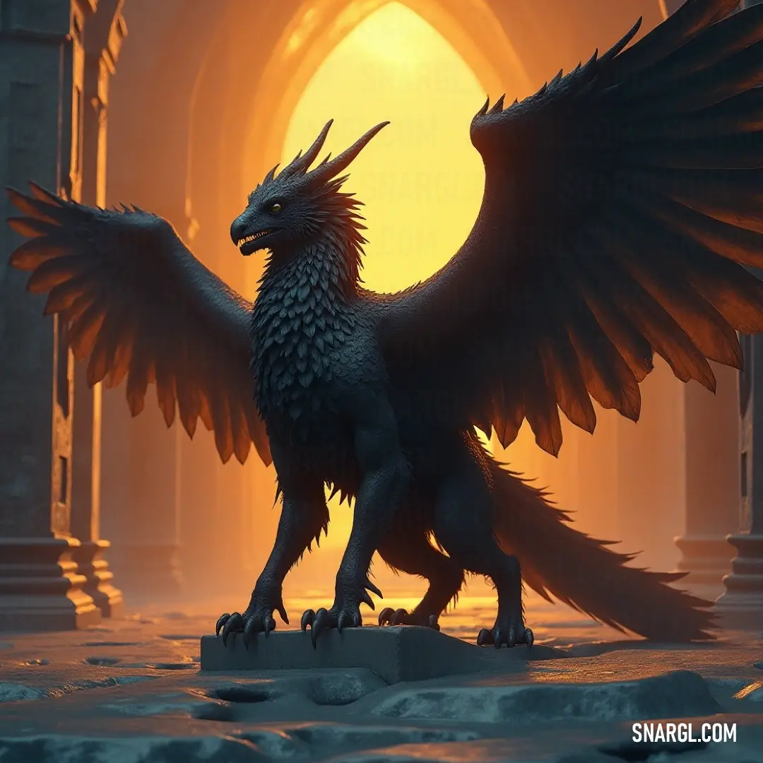 Iceclaw with wings spread wide stands in a doorway, bathed in sunlight, a creature of frost and light. An Iceclaw stands proudly in a doorway, wings outstretched against a backdrop of a brilliant sun. The creature's icy presence contrasts with the warmth of the light, embodying the balance between cold and heat in a breathtaking scene.