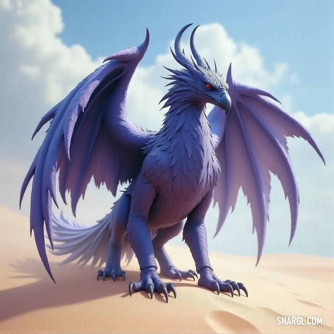 A regal Purple Iceclaw with expansive wings stands against the desert expanse, the winds picking up and clouds swirling around its commanding figure. A majestic Purple Iceclaw stands tall on the desert floor, its vast wings spread wide against the dramatic backdrop of swirling clouds. The creature commands attention as it faces the vast horizon.