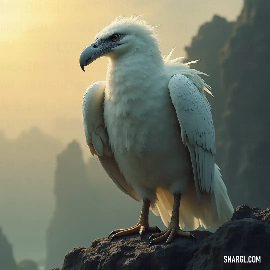 A White Icefeather with a long beak rests on a rock under the sunlight, with a stunning mountain backdrop creating a harmonious scene of nature’s grandeur. A White Icefeather with a long beak stands on a rock, basking in the sunlight. Behind it, majestic mountains rise, their peaks catching the light of the sun, offering a striking contrast to the bird’s delicate form.