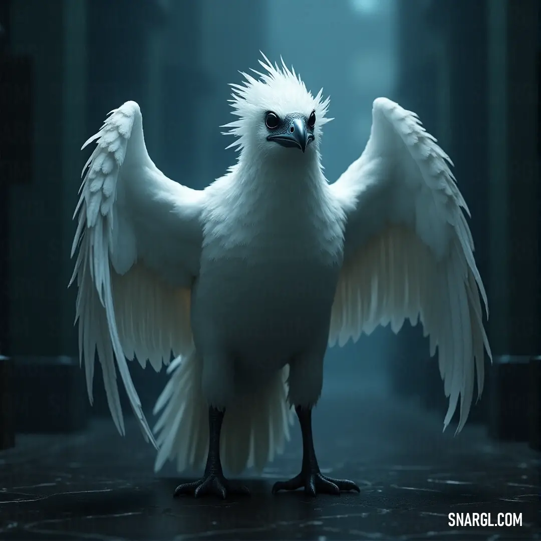 White Icefeather bird with a black beak and tail, standing in a snowy landscape surrounded by frozen beauty. A white-feathered Icefeather bird, with a sharp black beak and dark tail feathers, looks out with piercing eyes. Its plumage blends beautifully with the icy surroundings, emphasizing its elegance and grace amidst a world of snow and frost.