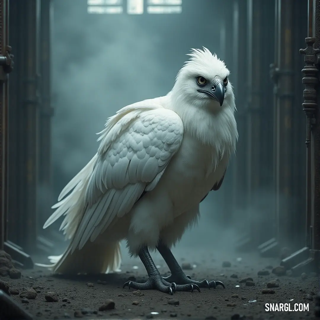 A white Icefeather with blue eyes standing in a doorway, enveloped in smoke, exuding an aura of mystery. A stunning white Icefeather with piercing blue eyes stands in a shadowy doorway, surrounded by swirling smoke that creates an air of mystery and intrigue in the background.
