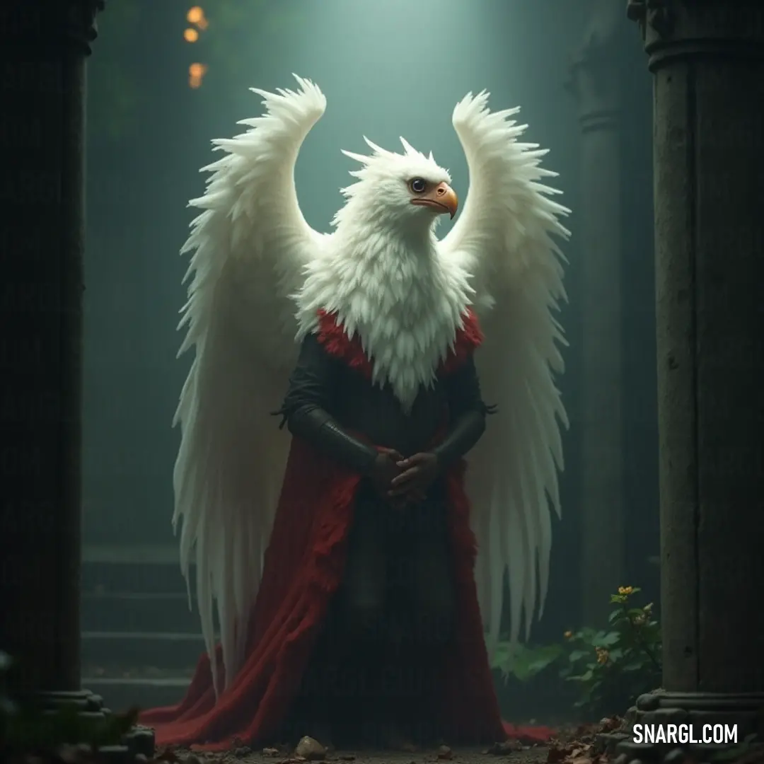 The powerful White Eagle, cloaked in a dramatic combination of red and black, commands the scene with its piercing gaze and formidable presence, an emblem of strength and courage. A majestic White Eagle adorned in a resplendent red cape and a bold black cloak stands proudly against a dark background, embodying power and elegance in a striking display of contrasting colors.