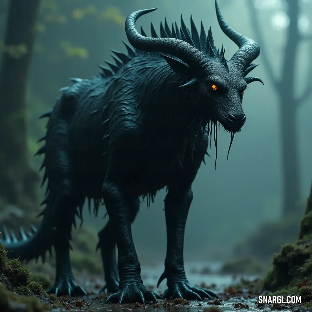 The enigmatic Black Ichorclaw exudes an aura of mystique, blending seamlessly into the foggy forest surroundings, as its impressive horns rise sharply against the ethereal mist that envelops the ancient trees around it. A striking Black Ichorclaw stands amidst a fog-laden forest, its imposing horns jutting out against the backdrop of towering trees, shrouded in mystery, as the ethereal mist enhances its powerful silhouette in a haunting setting.