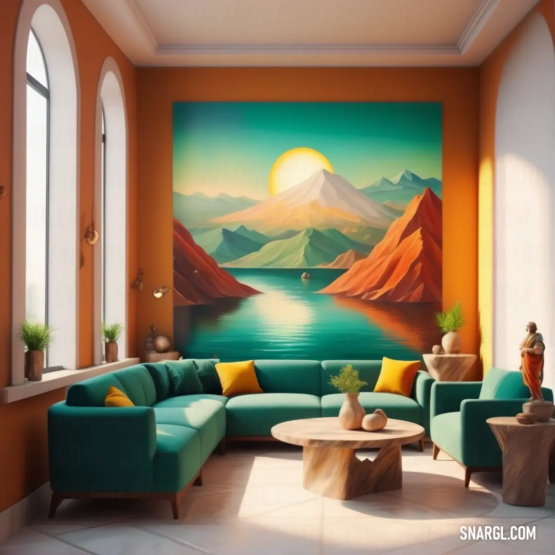 Living room with a painting on the wall and a couch in the middle of the room with a coffee table. Color CMYK 0,2,63,1.