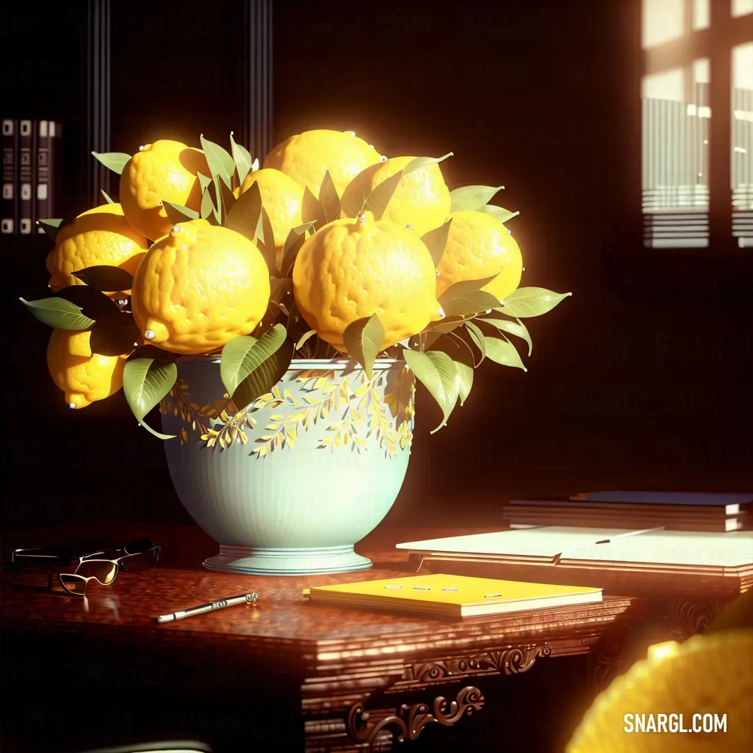 Vase of lemons on a table with a pair of glasses on it