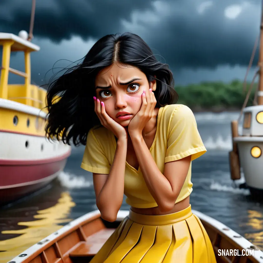 Woman in a yellow dress in a boat. Example of #FCF75E color.