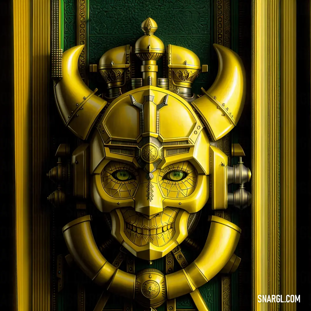 Yellow mask with a green background and a gold frame around it with a green background