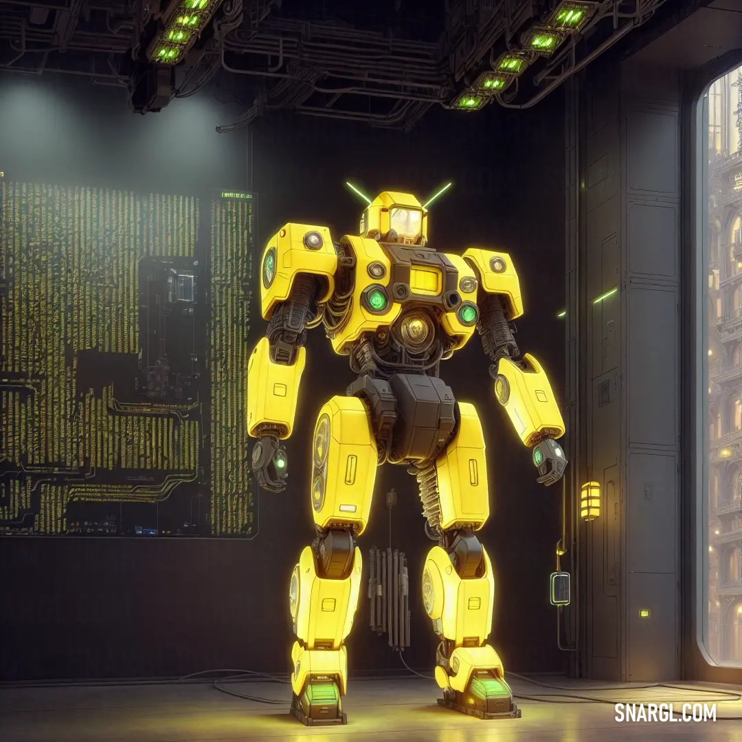 Yellow robot standing in front of a large screen with a green light on it's face and a yellow light on its head