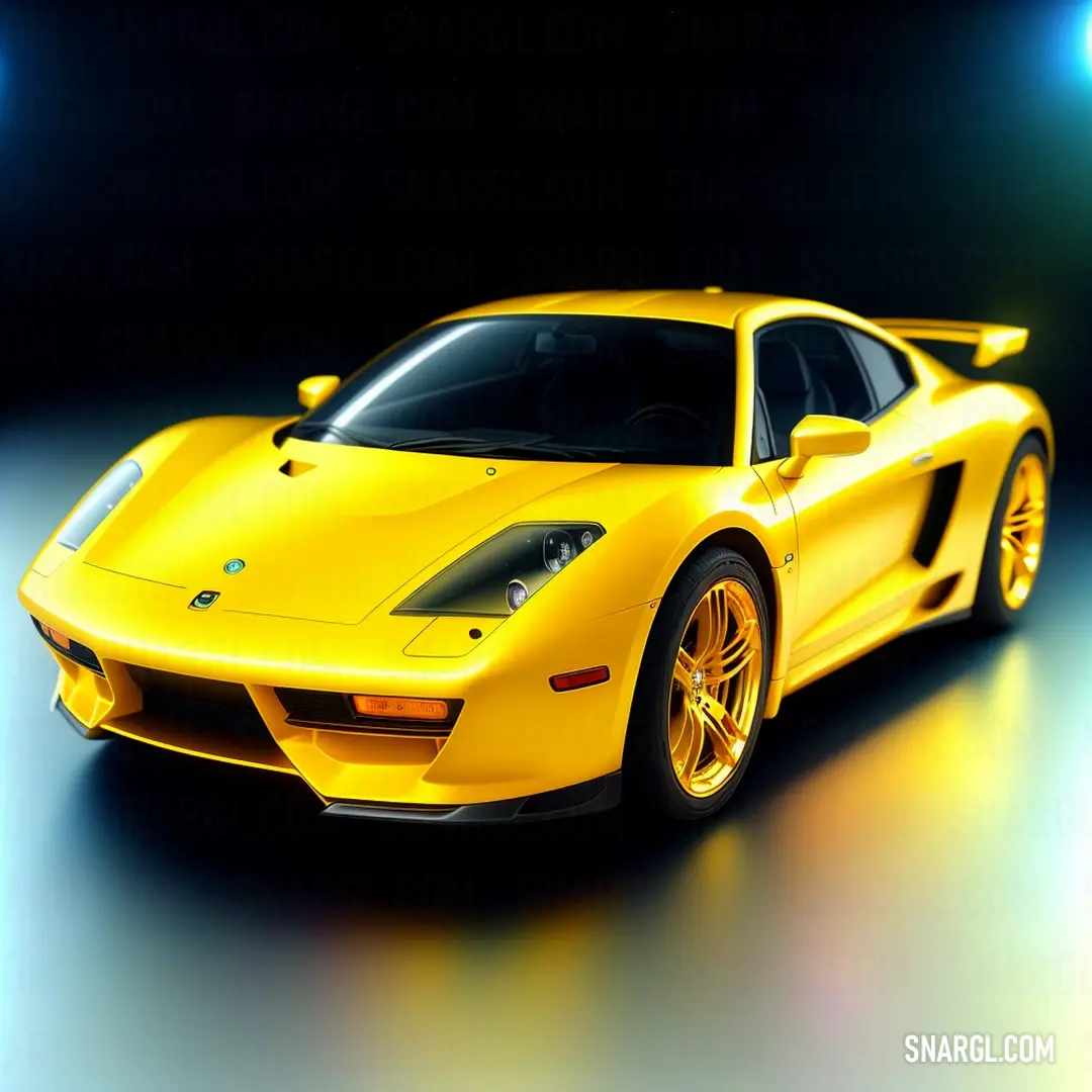 Yellow sports car is shown in a spotlight on a black background with a spot light behind it