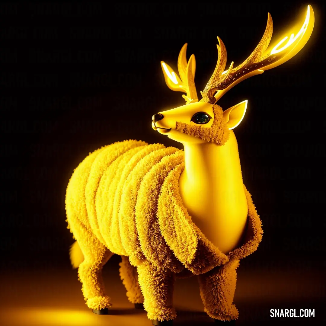 Yellow stuffed animal with antlers on it's head and tail