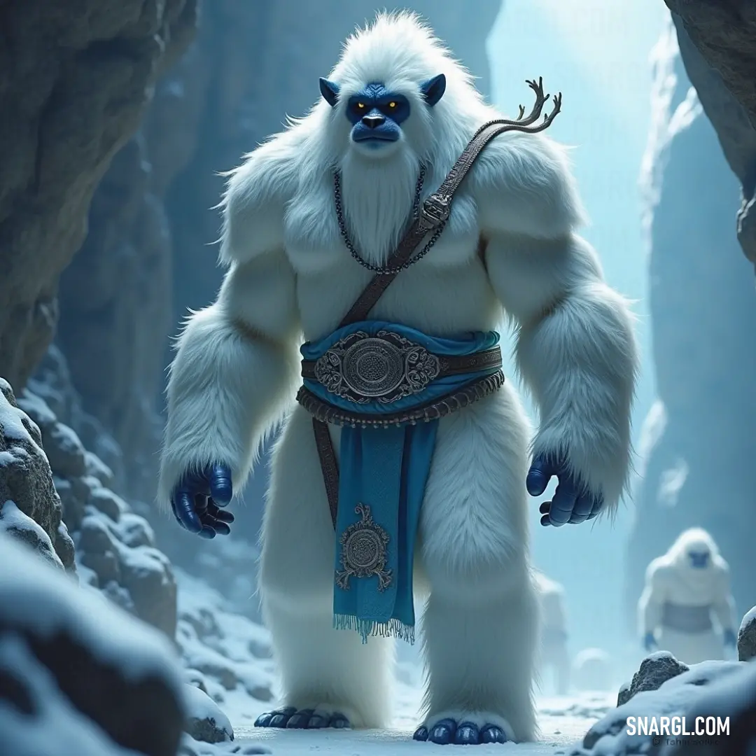 Awash in the cavern's cool light, the grand icy sentinel stands watch, its pristine white fur flecked with the glimmer of ice, and the enigmatic blue belt hinting at its ancient guardianship. A majestic icy sentinel looms tall within a cavern, its thick white fur shimmering under the cool ambient light, adorned with a distinctive blue belt that adds a touch of mystery to its powerful presence.