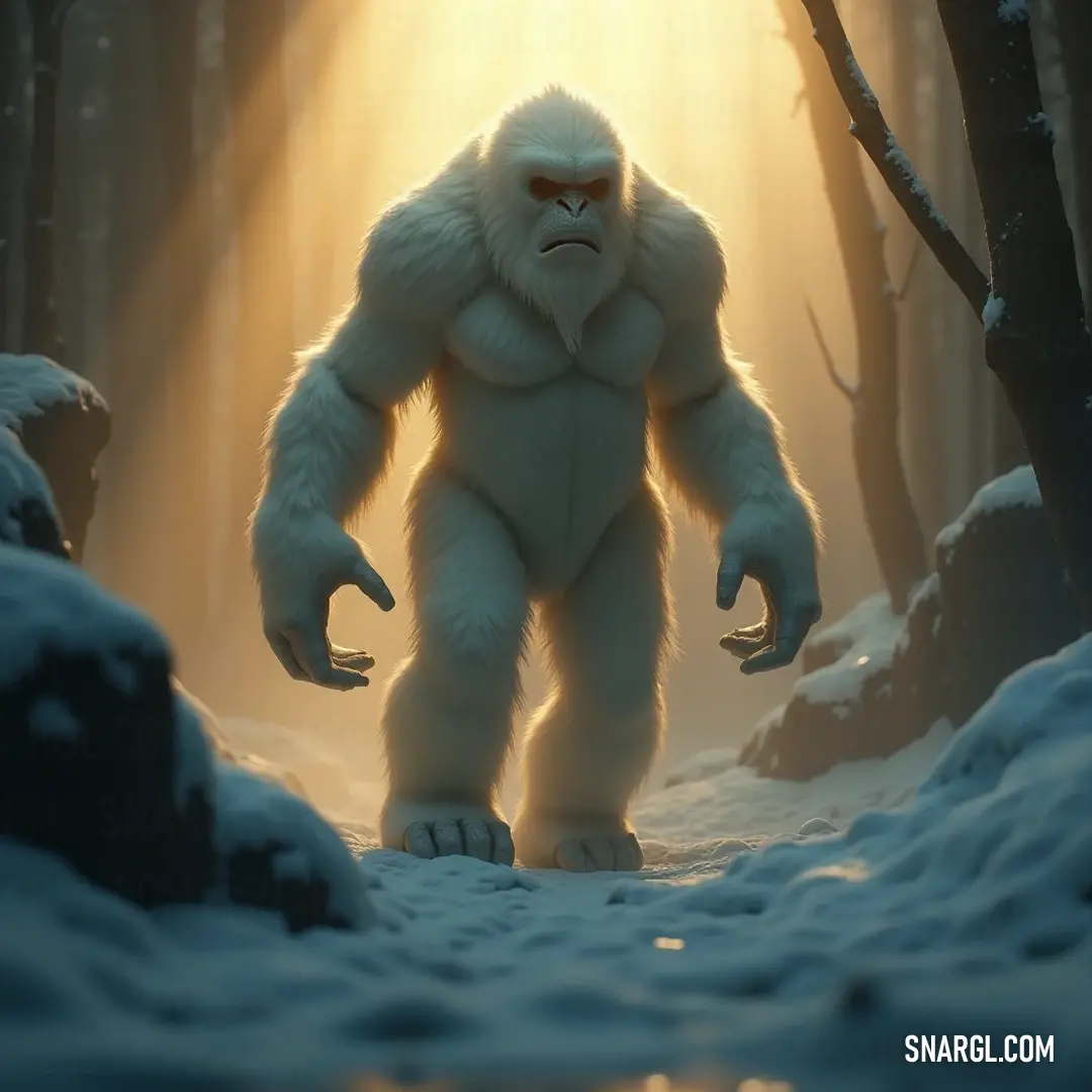 The Majestic White Icy Terror in a Snowy Forest The imposing Big Furry White Icy Terror appears regal, standing majestically in a snowy forest, illuminated by soft beams of light filtering through the towering trees above.
