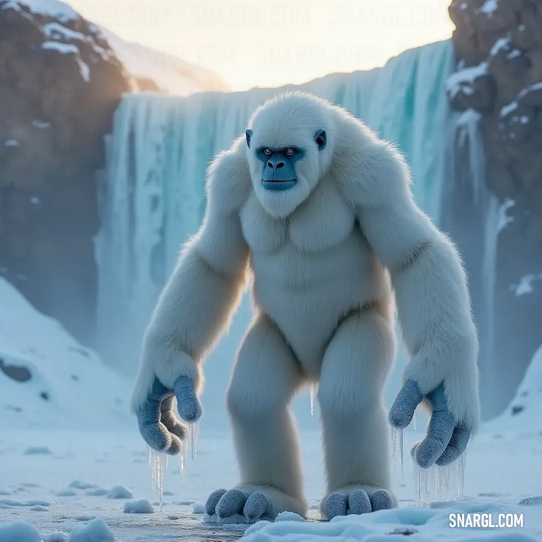 The Resilient White Icy Terror by a Frosty Waterfall A grand Big White Icy Terror stands resolutely in front of a majestic waterfall, surrounded by sparkling snow, with icy legs that shimmer under the winter sun, radiating an aura of resilience.