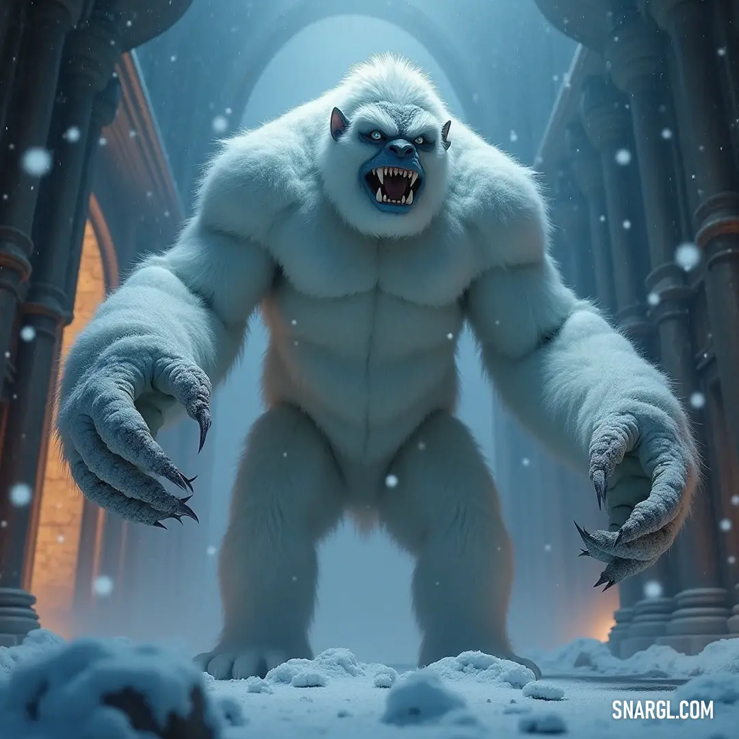 A magnificent Icy Titan standing in a snowy cave, illuminated by soft light that highlights its majestic features and powerful presence. Inhabiting a snowy cave, a majestic Icy Titan gleams under a bright light, its powerful frame cushioned in thick fur, casting a shadow that dances against the icy walls, embodying both grace and strength.