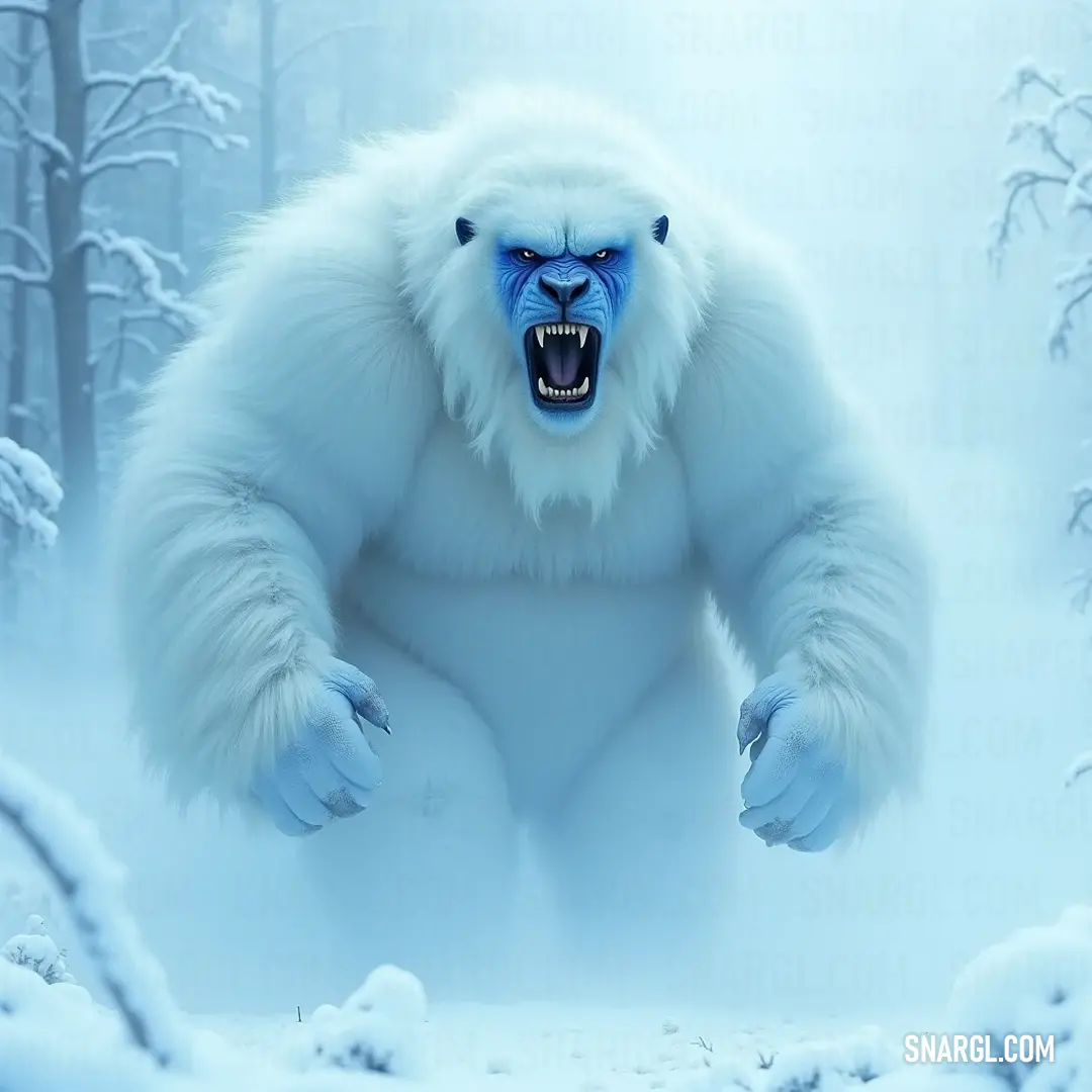 A fierce White Bear with glowing blue eyes and a large mouth, poised in a snowy setting richly adorned with tall trees. A striking white bear with piercing blue eyes and an enormous mouth stands boldly in the snow, surrounded by tall trees, an embodiment of the untamed spirit of the arctic wilderness.