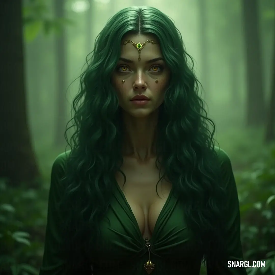 A captivating figure adorned with green hair and natural foliage, harmonizing beautifully with a sunlit forest. In a vibrant forest, a woman with striking green hair adorns herself with leaves, blending harmoniously with her lush surroundings. The sunlight filtering through the trees highlights her enchanting presence amidst nature's beauty.