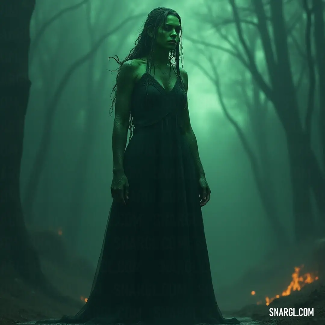 Idri dressed in dark, standing amidst a shadowy forest with a flickering fire creeping into the scene, creating a mystic ambience. Idri's silhouette stands out in a dark forest, her deep dress merging with the shadows. A flickering firelight glows in the background, casting a warm gleam across her face and evoking an air of intrigue.
