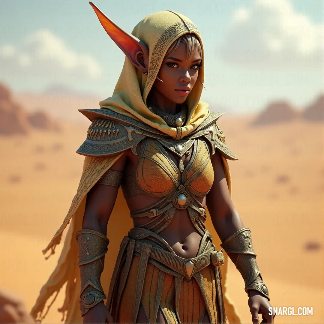 Idril Celebrindal in a desert outfit with horns and a hood on her head