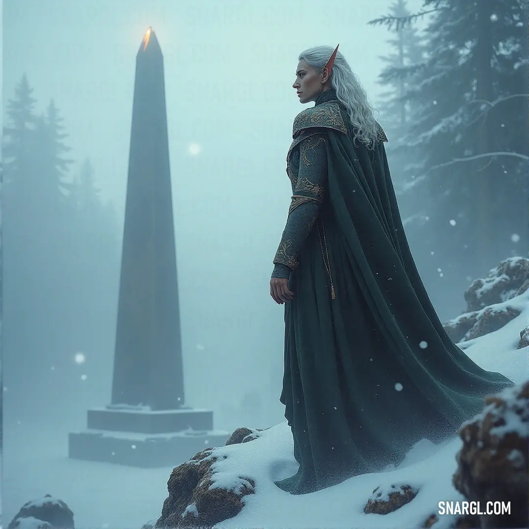 Idril Celebrindal in a green cloak standing in front of a monument in the snow with a light on top