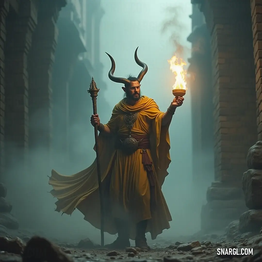 A mythical figure in yellow, clutching a fiery torch and a demon's head with horns. The intense glow and striking contrast create a powerful visual of strength and mystery. A powerful figure draped in a vibrant yellow robe, holding a glowing torch in one hand and an ominous, demon-like head with horns in the other. The scene exudes an aura of mystique and strength, illuminated by the torch’s warm light.