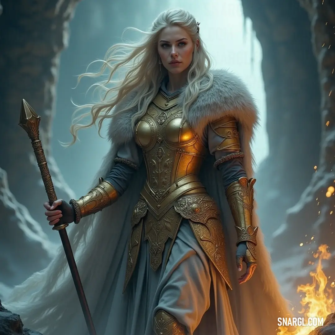 A determined figure in a white dress stands ready with a sword, symbolizing resolve and elegance. In a pristine white dress, a determined figure grips a shimmering sword, standing poised for action, a vision of elegance and resolve that catches the eye with its purity and strength.