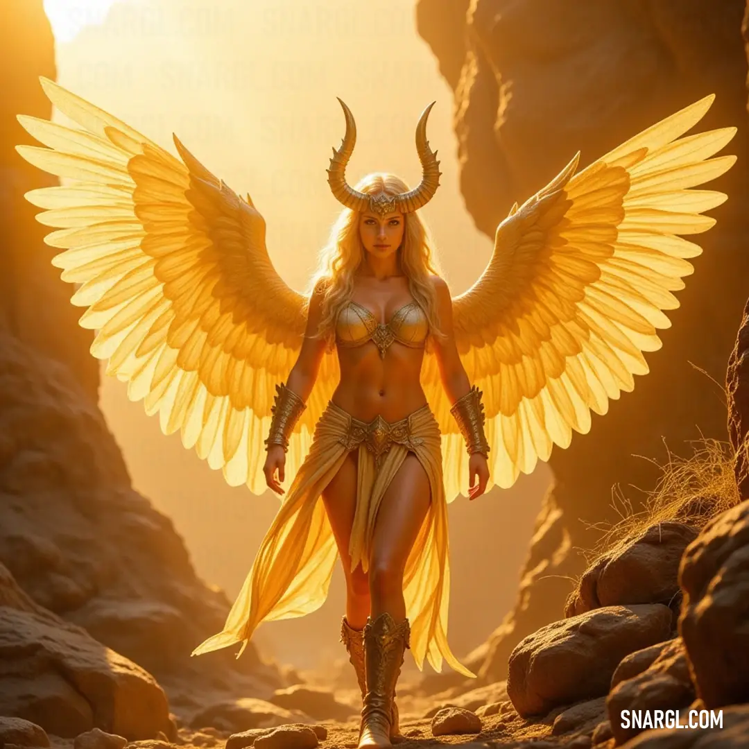 A bold figure with yellow wings walks through a rocky desert, embodying freedom and joyful exploration. An adventurous spirit strides boldly through a rugged desert, donning oversized yellow angel wings and a playful bikini top, giving off an aura of freedom, joy, and daring exploration.