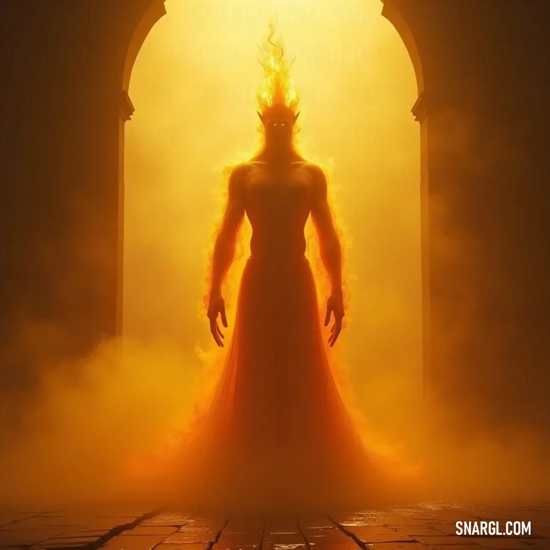 The Ifrit, resplendent in a flowing dress, stands at a doorway, enshrined in soft light and ethereal fog, radiating an air of enigma. An Ifrit stands regally draped in a flowing gown, captured in a doorway where soft light filters through. Surrounding fog accentuates their enigmatic presence, hinting at untold stories from a world steeped in mystery.