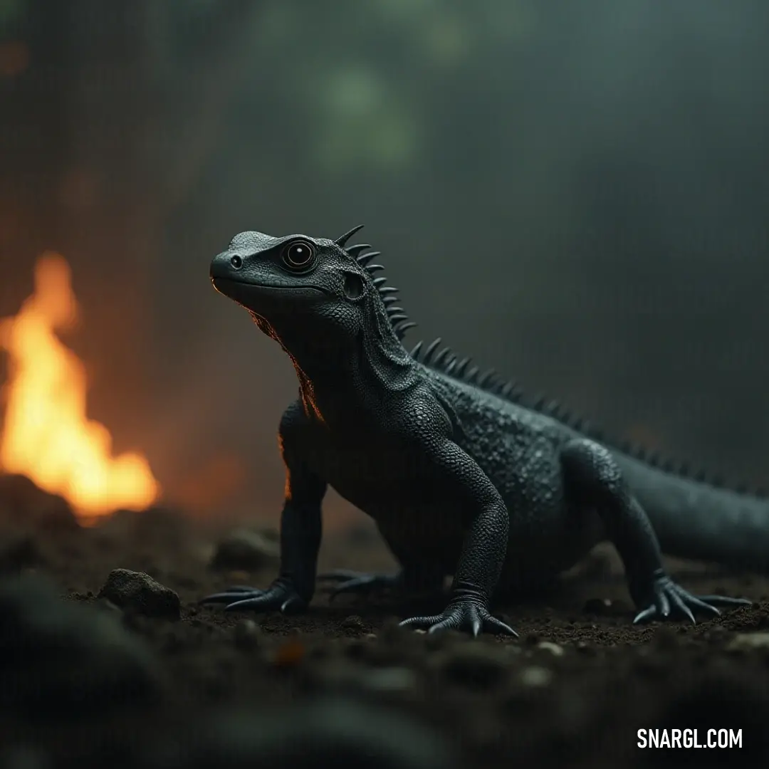 Close-up of a colorful lizard near a fire pit, amidst a dreamy backdrop A captivating close-up of a vibrant lizard resting on the earthy ground near a fire pit, with a softly blurred background that adds depth to the moment.