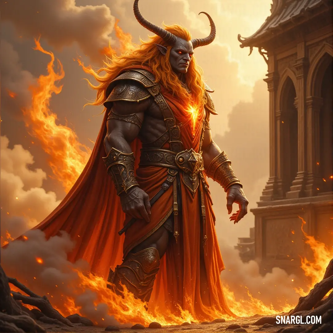 The Ignis Wraith, horned and cloaked, defies the raging fire in front of a crumbling building and a broken clock tower, symbolizing destruction and power. A fearsome Ignis Wraith with jagged horns and a flowing cape stands boldly in front of a blazing inferno, surrounded by a collapsing building. A towering clock tower looms in the background, its face shattered by the chaos of the flames.
