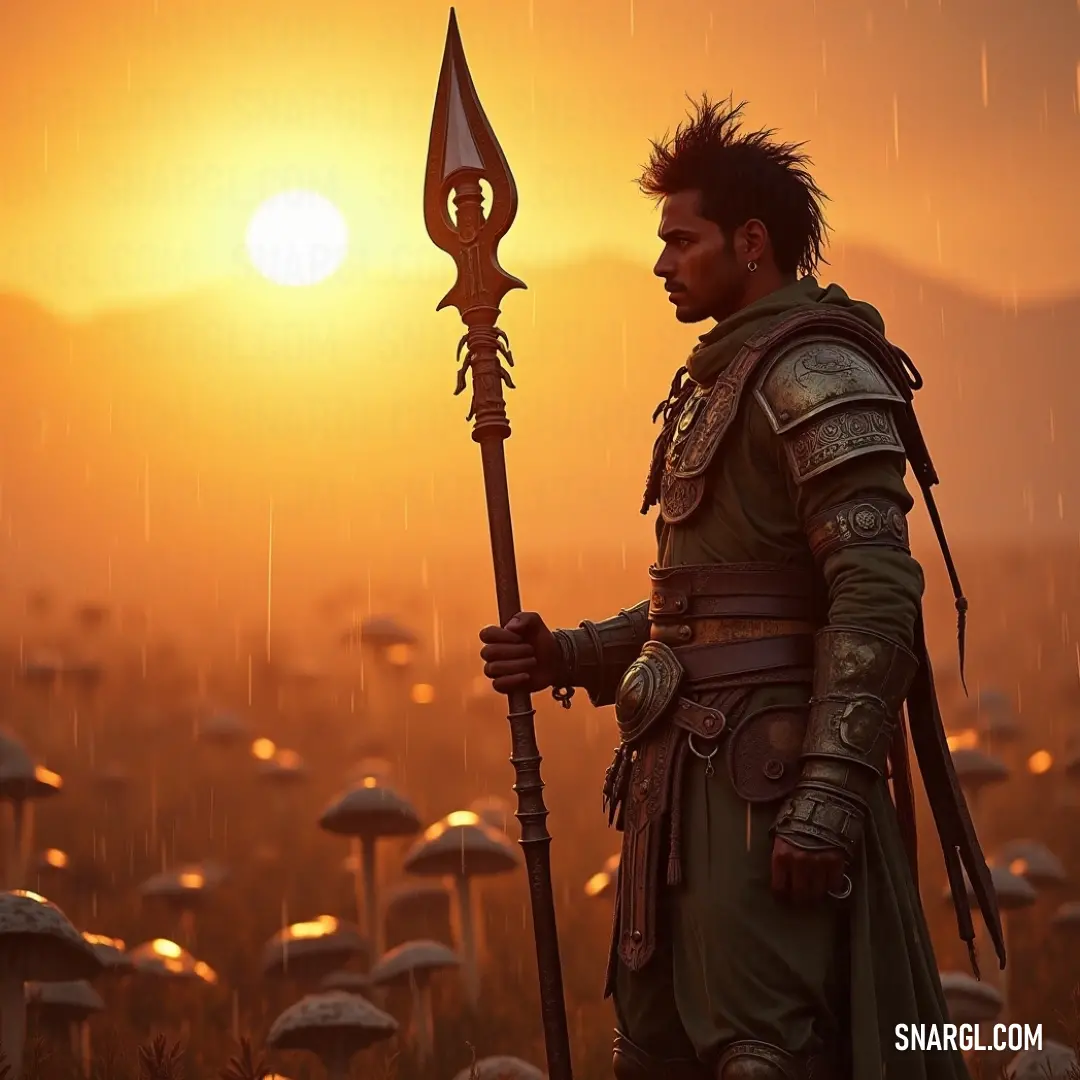 A valiant warrior in a detailed costume wielding his sword amidst a magical mushroom field, under the warm glow of a stunning sunset. A heroic figure clad in an intricate costume, sword drawn, stands valiantly among a mystical field of vibrant mushrooms, illuminated by a breathtaking sunset casting warm hues across the landscape.