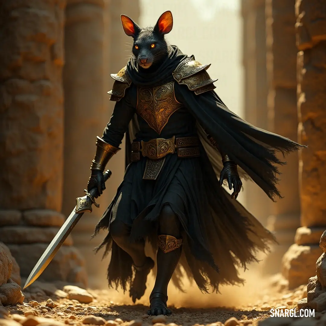 Ikit Claw, armed and armored, on a desert path with ancient columns in the distance, ready for battle. An armored figure named Ikit Claw, holding a sword and standing resolute on a dusty desert path. Towering columns rise in the background, hinting at an ancient civilization and a distant, fantasy world.