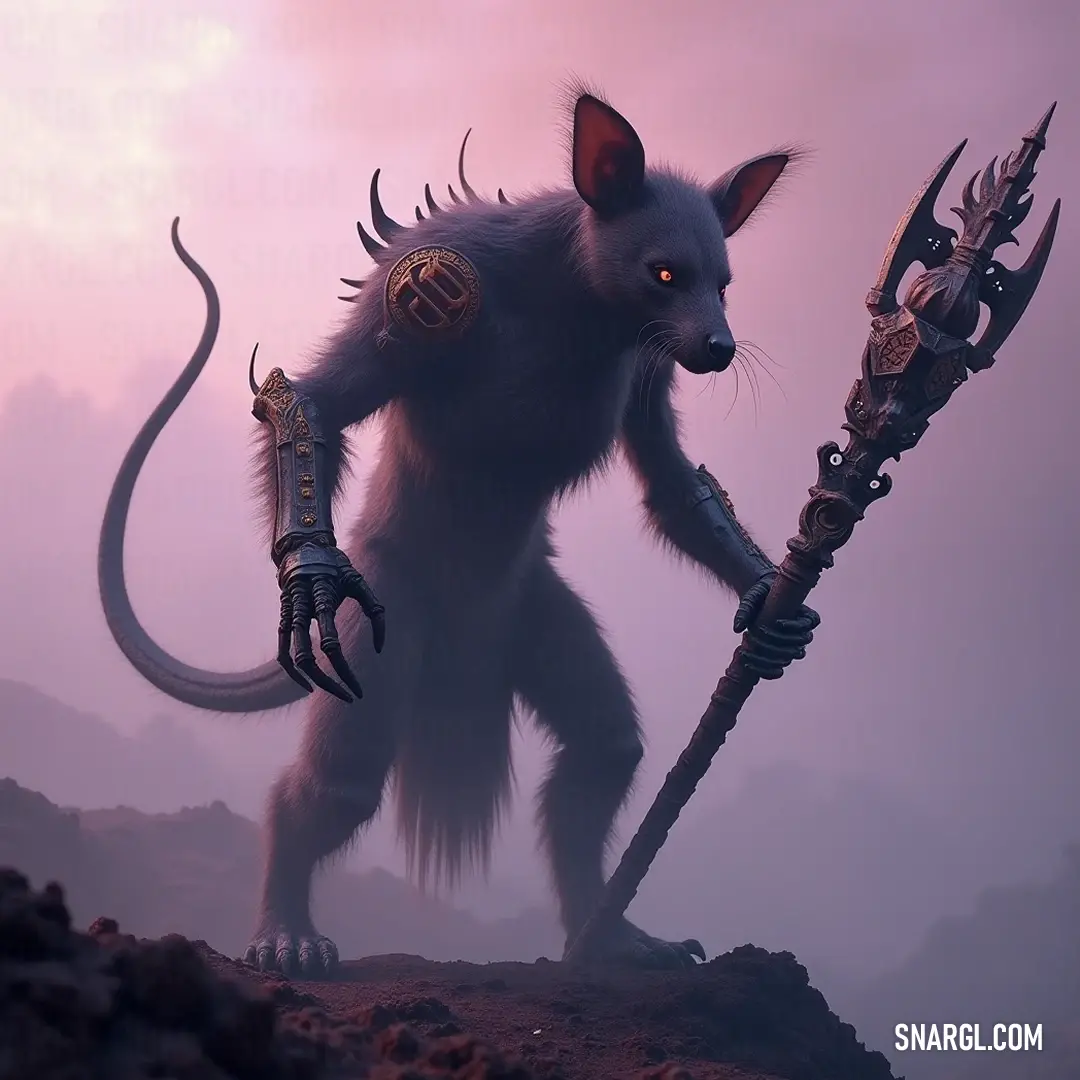 Furry Ikit Claw, gripping a large metal stick and a sword, showcases its fierce spirit, with a long horned tail standing proudly, embodying the essence of a warrior ready to face the challenges ahead.