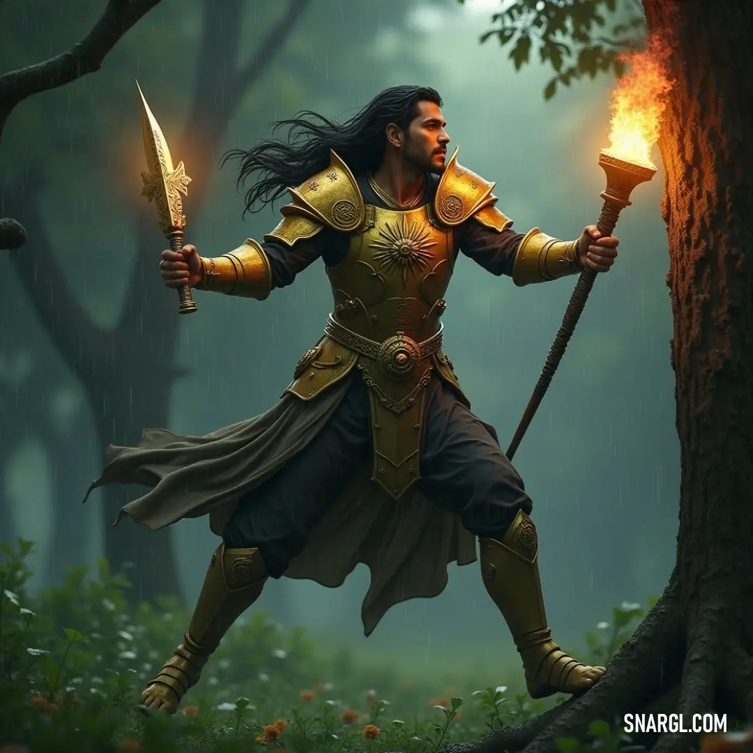 A fierce warrior wielding a torch and a sword amidst a majestic forest filled with towering trees. Charging through a mystical forest landscape, a fierce warrior clutches a blazing torch and a sword, surrounded by towering trees that stand monumental, inviting adventure and mystique in every shadow cast.