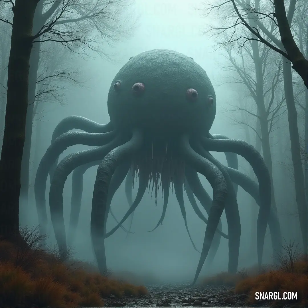 In the heart of a fog-enshrouded forest, a giant octopus rises from the ground, its massive form emerging from the mist, creating a surreal and unsettling spectacle amidst the dense trees. A colossal octopus stands motionless amidst foggy trees in a forest, its vast body rising from the mist-covered ground, creating an atmosphere of mystery and awe as it looms in the eerie wilderness.