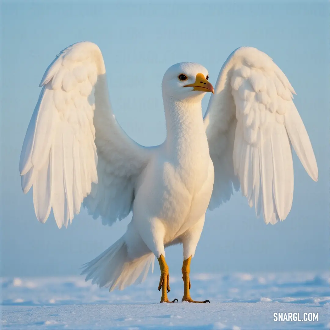 A white Illumina with large wings spread wide stands in the snow, its wings creating beautiful contrasts against the snowy expanse as it stands gracefully. A white Illumina with wings spread wide stands in the snow, its wings casting delicate shadows on the snowy ground as it stands majestically, perfectly poised in the serene winter environment.
