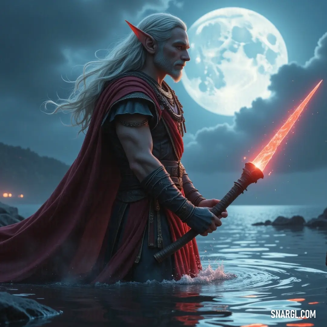 By the shimmering water's edge, Imladil stands resplendent in a striking red cape, her sword raised against the backdrop of a full moon, creating an enigmatic silhouette that merges elegance with the allure of the night.
