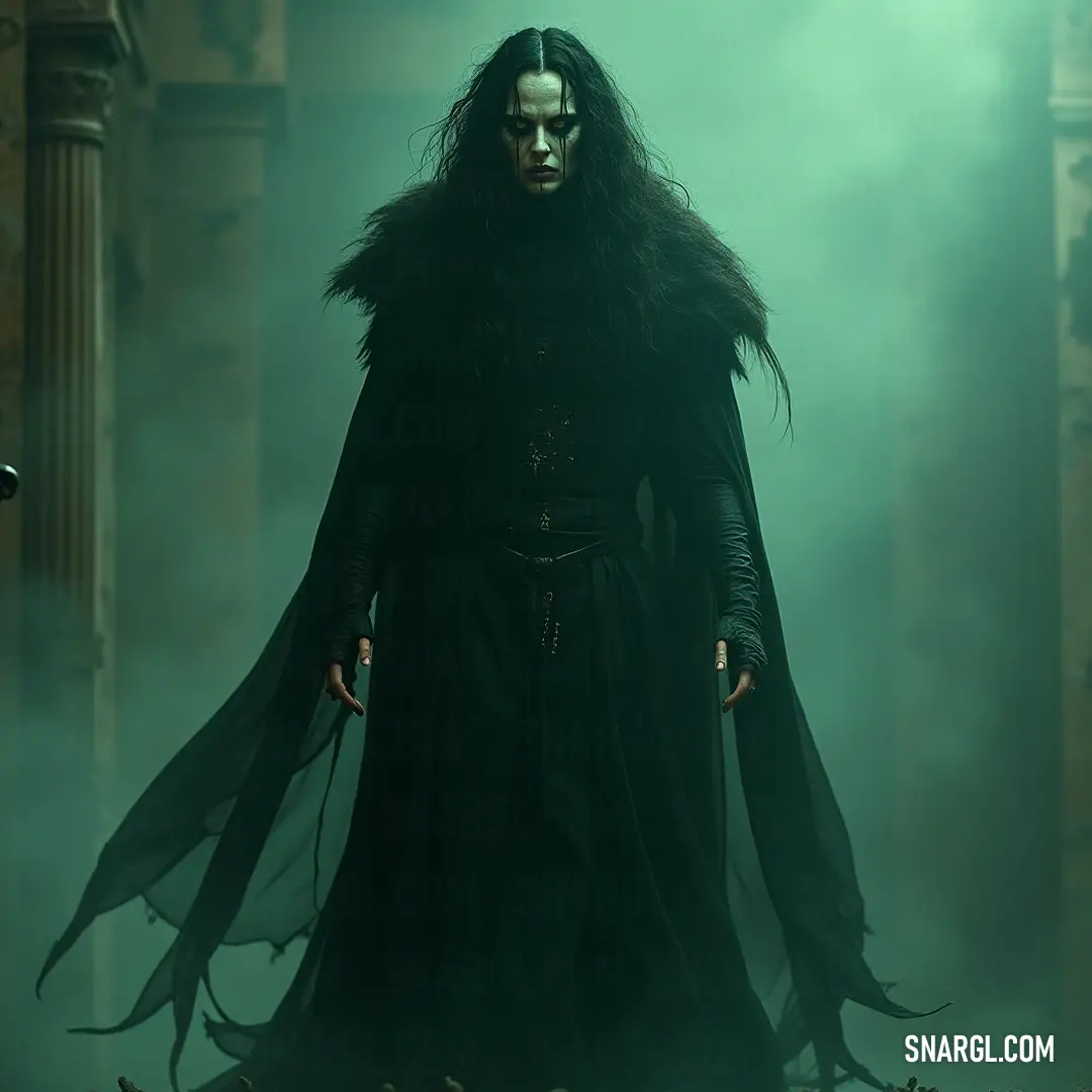 A figure draped in flowing black robes and an intricate mask stands shrouded in mystery, with long, dark hair cascading like a waterfall down her back, capturing the essence of allure.