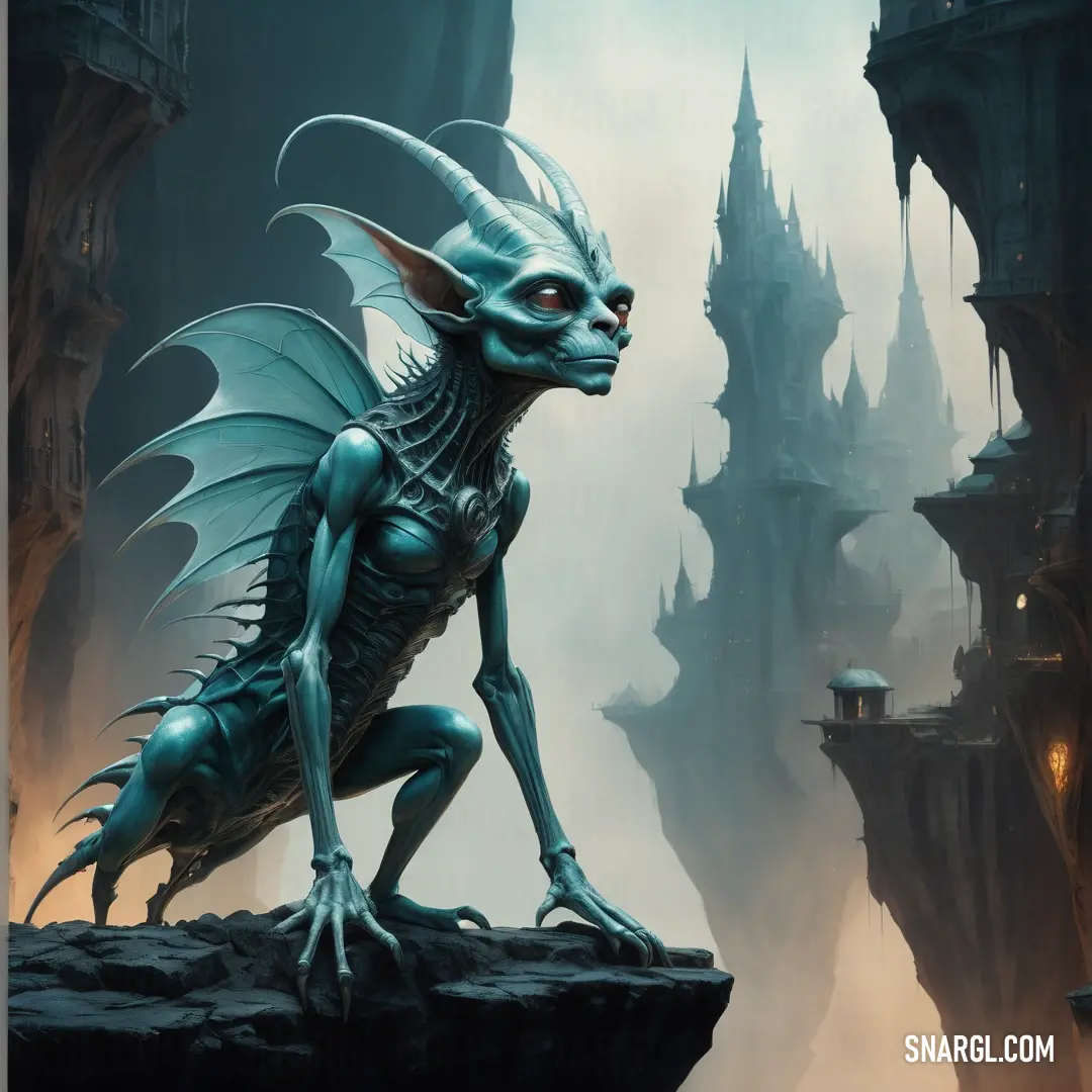 Blue Imp with horns and wings standing on a rock in a fantasy setting with a castle in the background