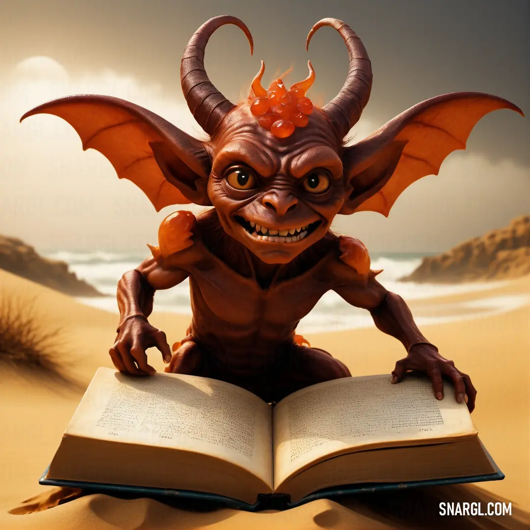 Cartoon character is reading a book on the beach with a demon like Imp on top of it