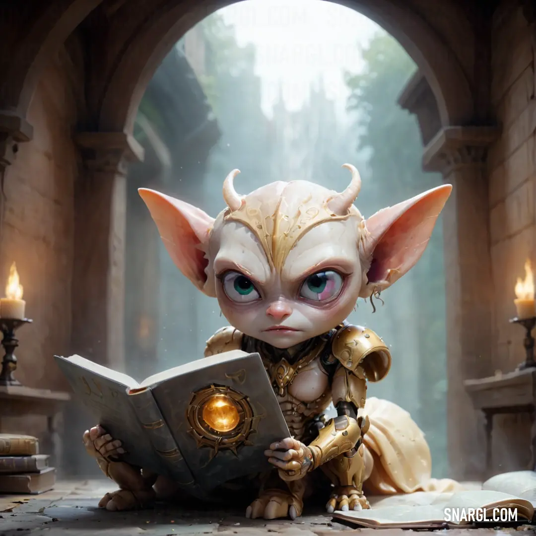 Imp with a book on the ground in front of a window with candles in it's eyes