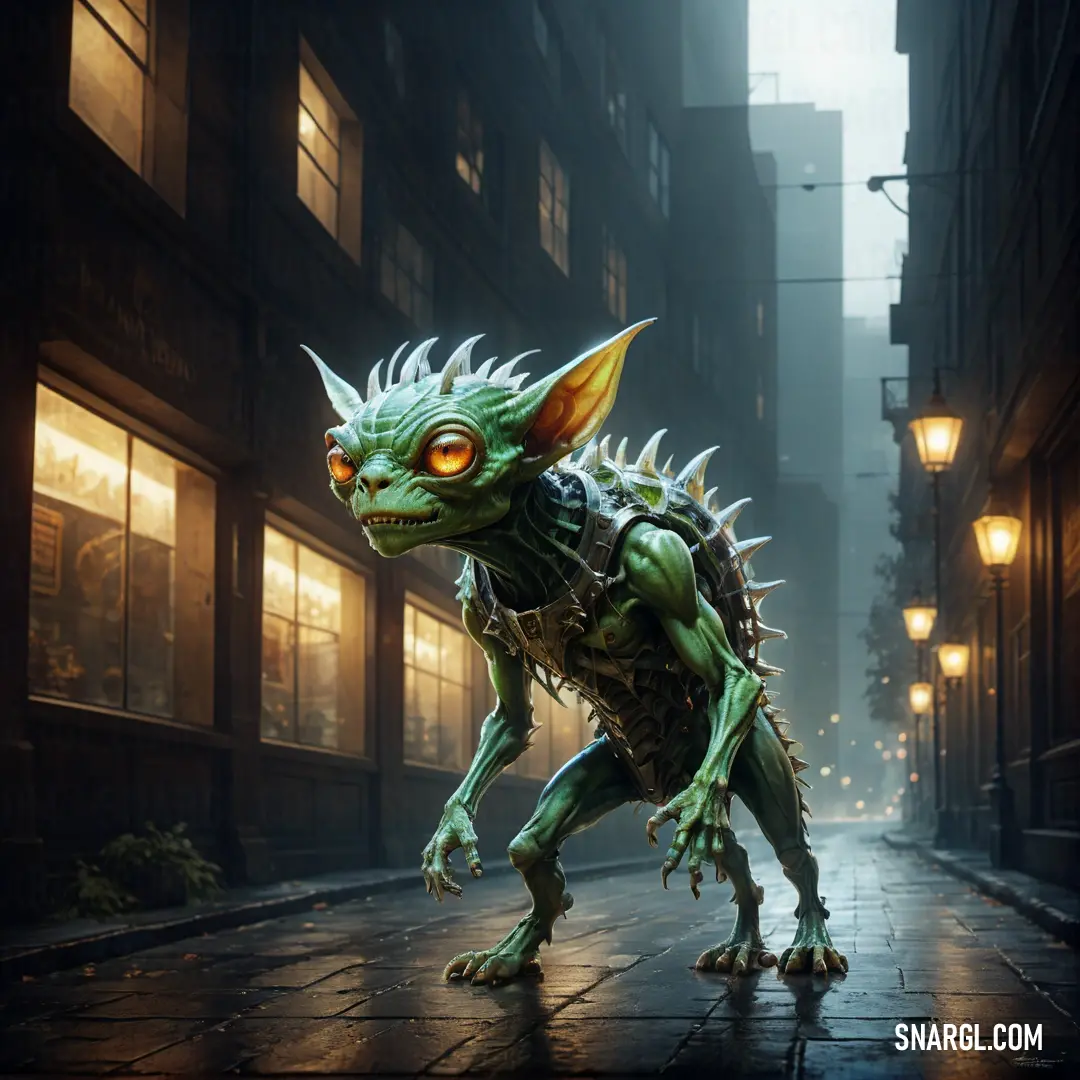 Imp with spikes on its head and eyes walking down a street in a city at night with lights on