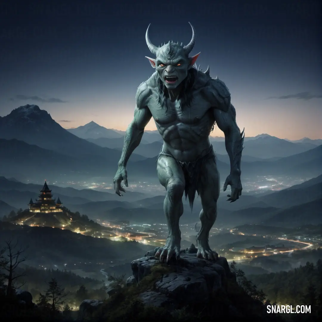 Imp standing on top of a mountain at night with a city in the background and a castle in the distance