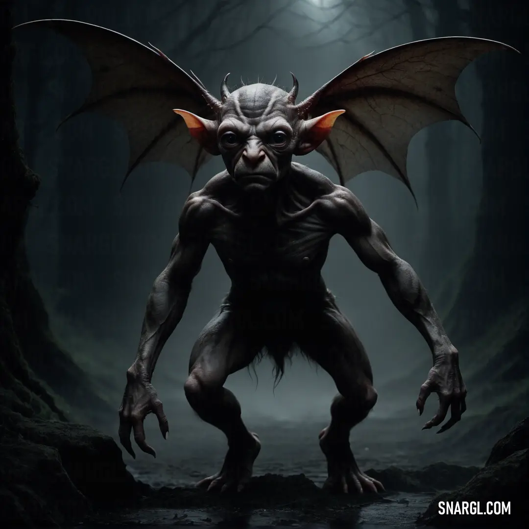 Imp with large wings standing in a dark forest with a full moon behind it and a creepy face