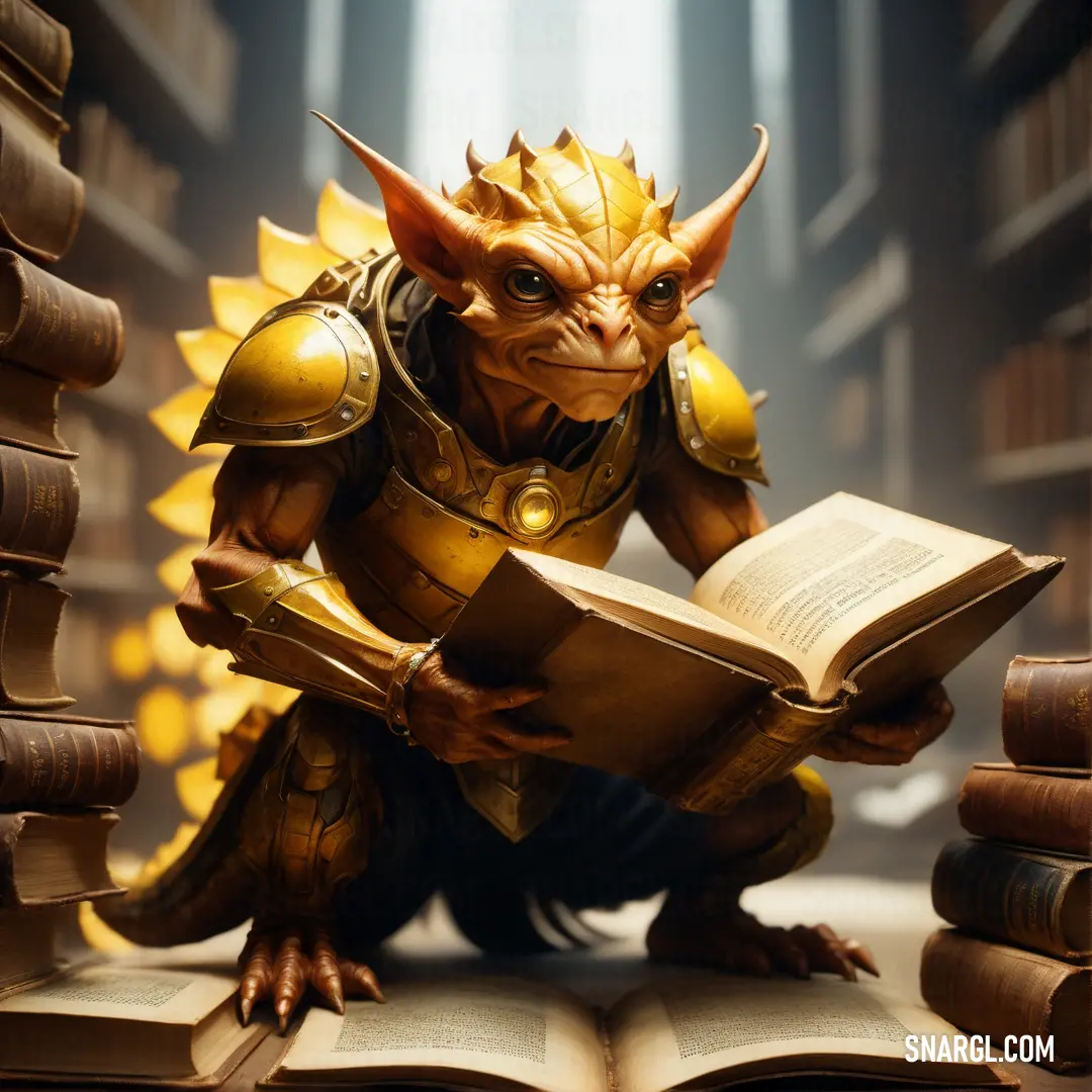Imp is reading a book in a library with bookshelves in the background