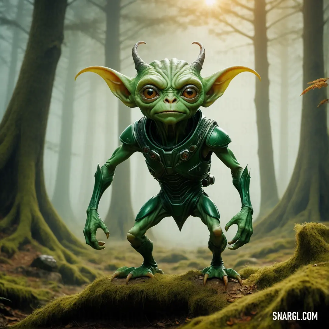 Green Imp with horns and a helmet in a forest with mossy ground and trees with a sun shining through the trees