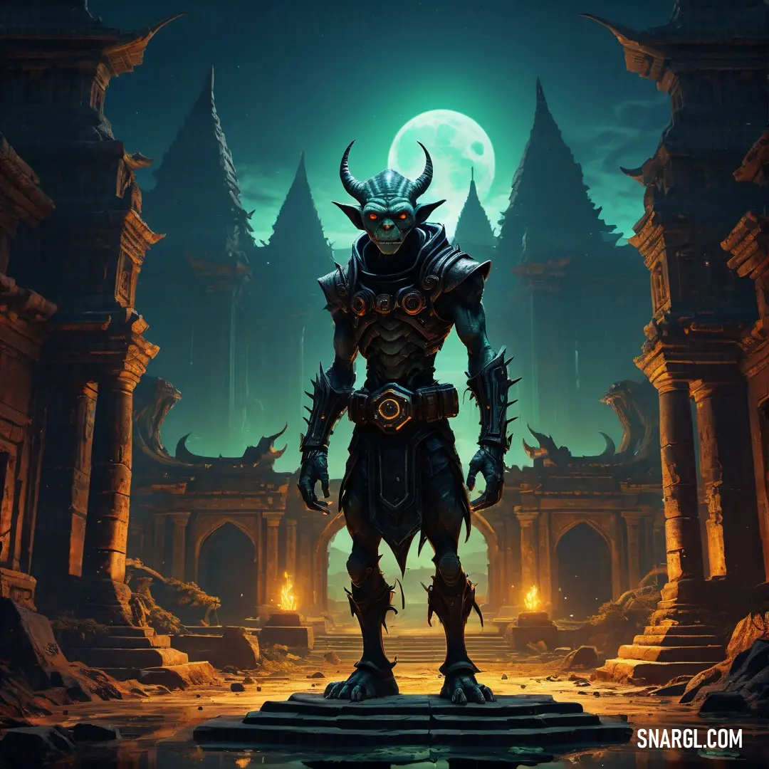 Imp in a dark suit standing in front of a castle with a full moon in the background