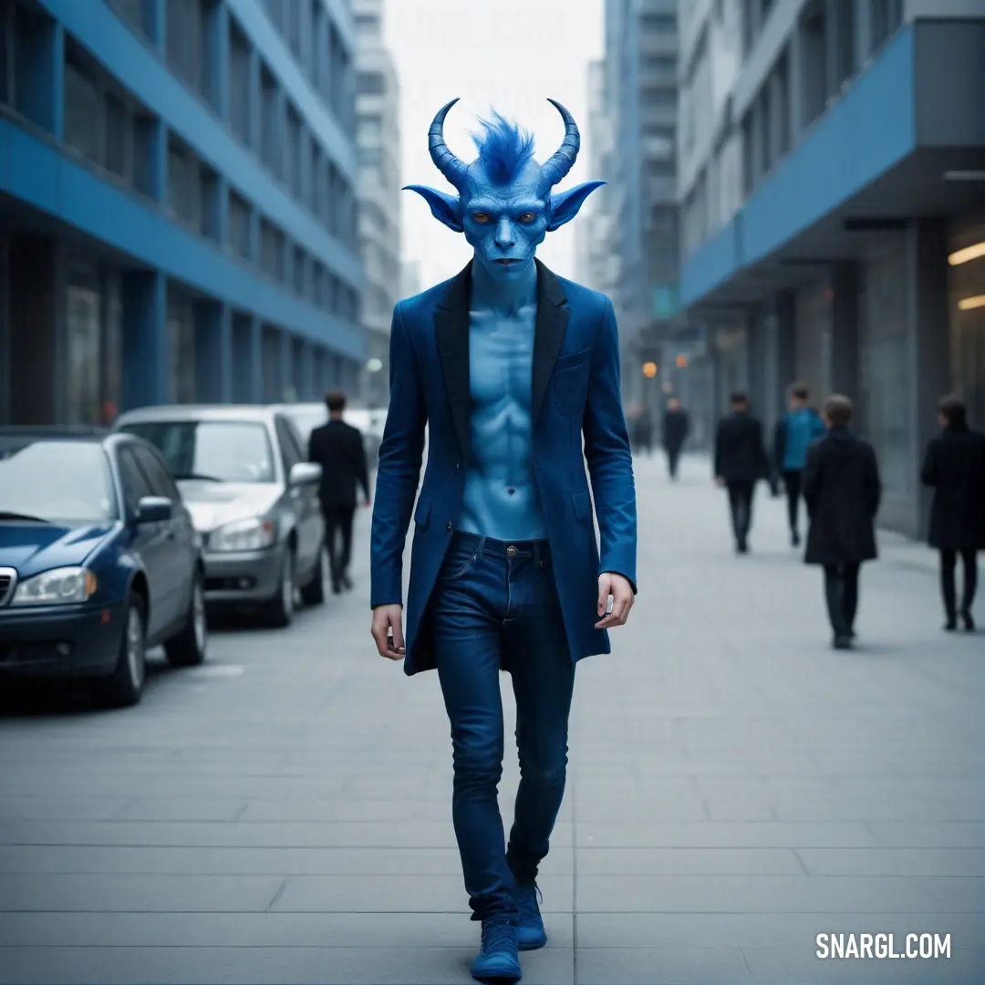Imp with a blue mask walking down a street in a suit and tie with a blue devil head