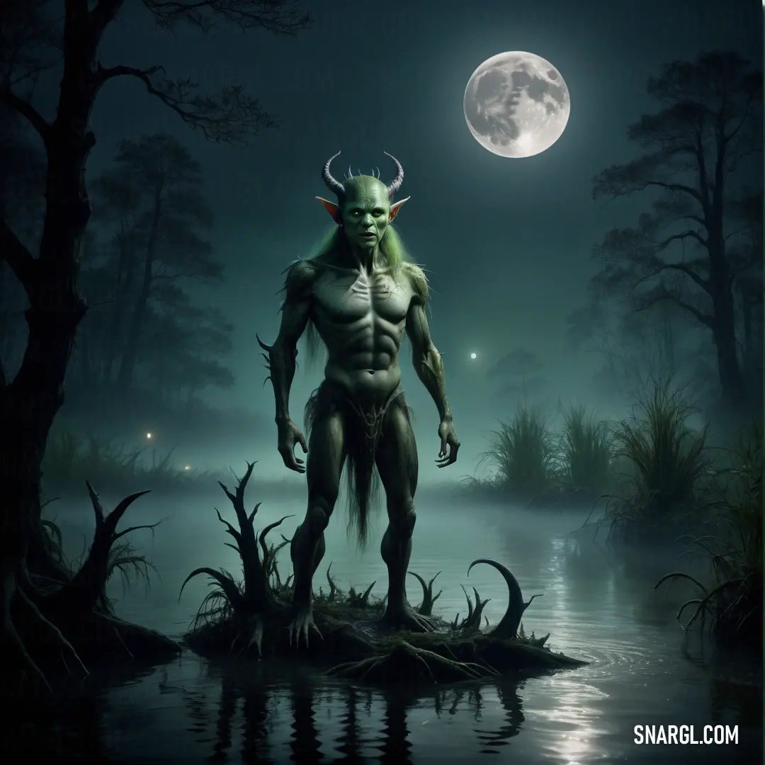 Imp with horns standing on a swampy island in front of a full moon